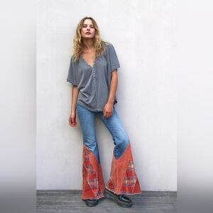 Free People Flashback Patchwork Flare Corduroy Blue Jeans Size 26